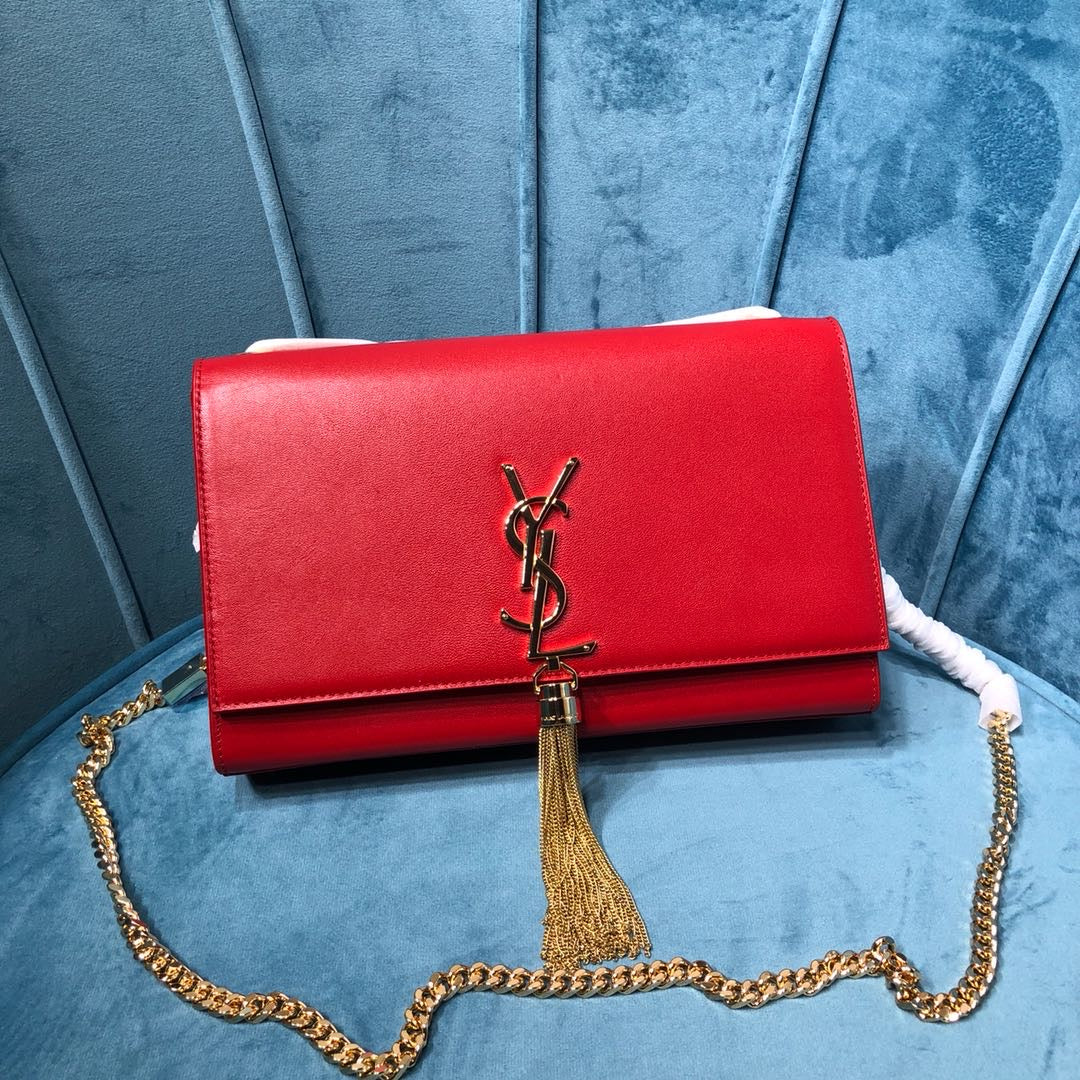 YSL Saint Laurent Kate Tassel 9in 24cm Grain De Poudre Red Medium Chain Handbag