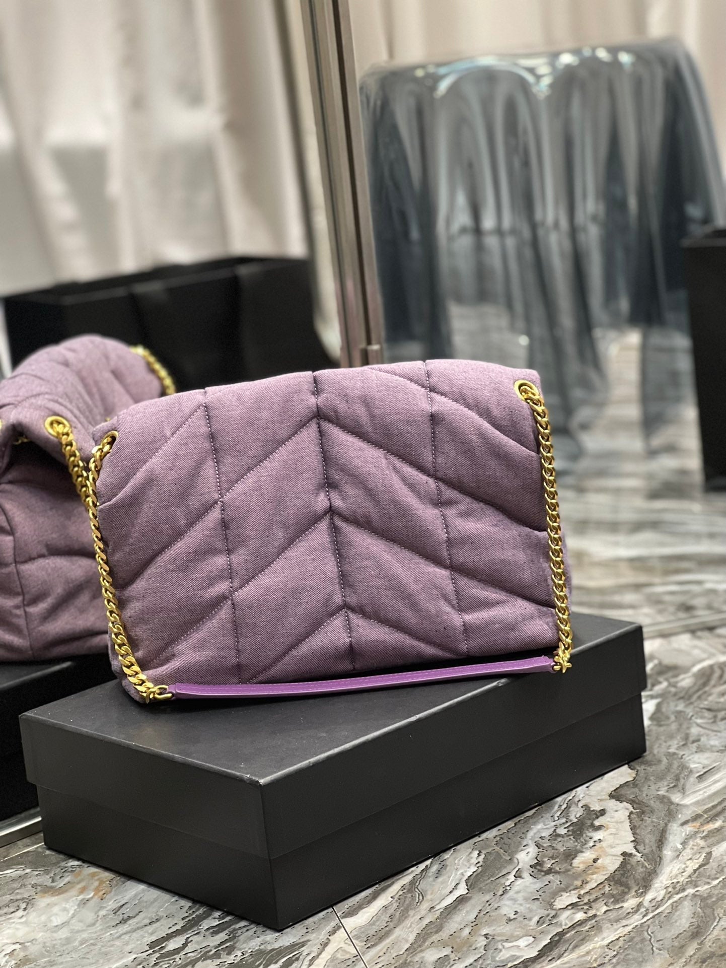 YSL Saint Laurent Puffer Blesched Lilac 13.8in 35cm Denim Medium Chain Travel Bag