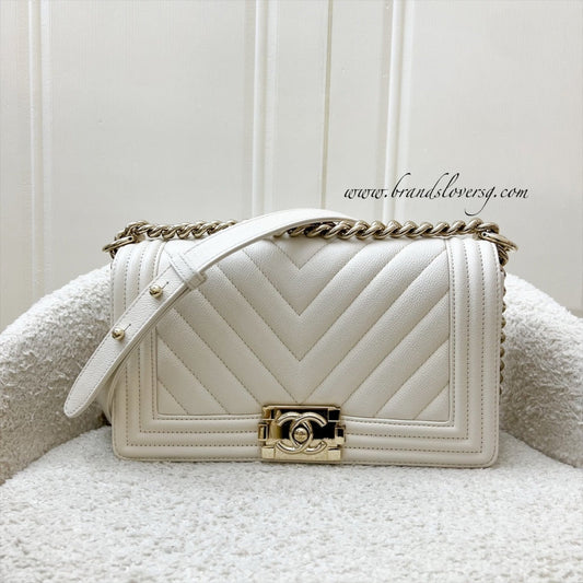 Chanel Medium Boy Flap in Chevron Quilted White Caviar and Shiny GHW Accessory