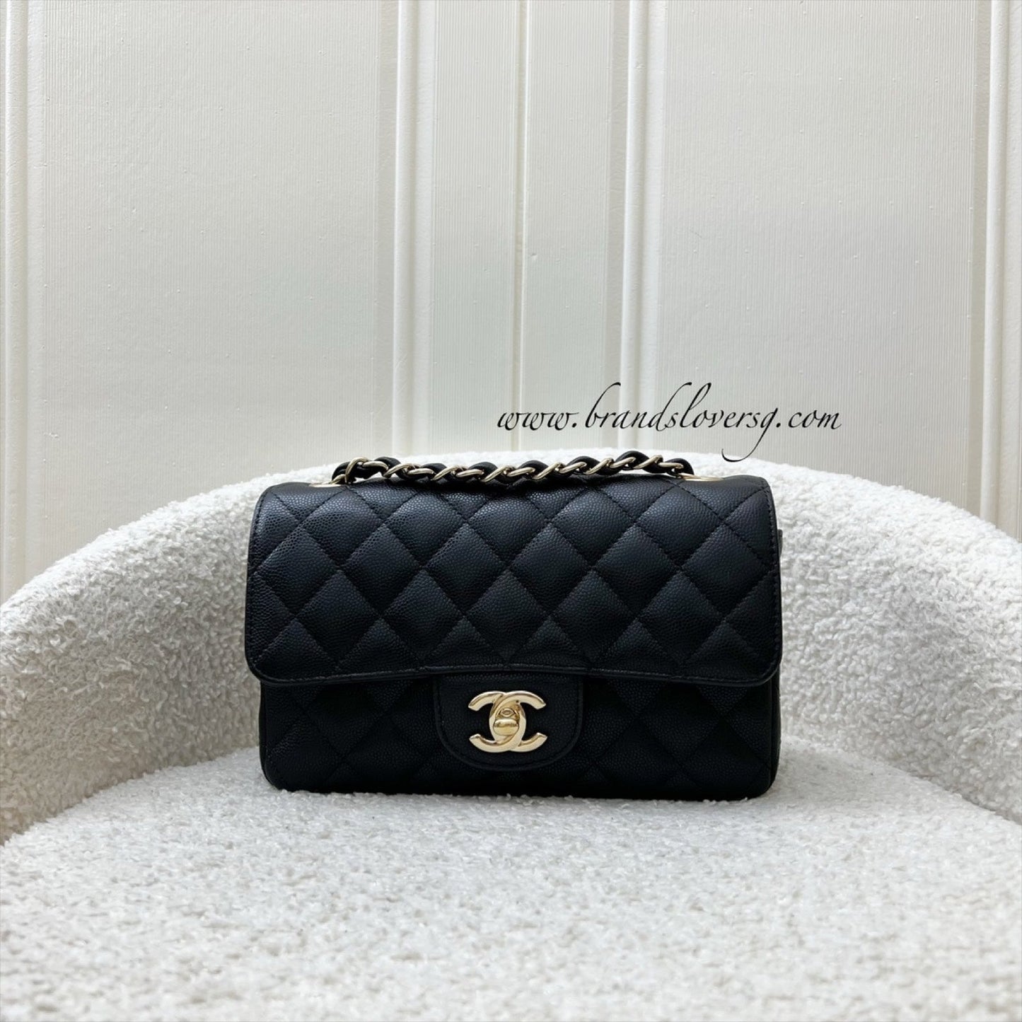 Chanel Mini Rectangle Classic Flap in Black Caviar and LGHW Accessory