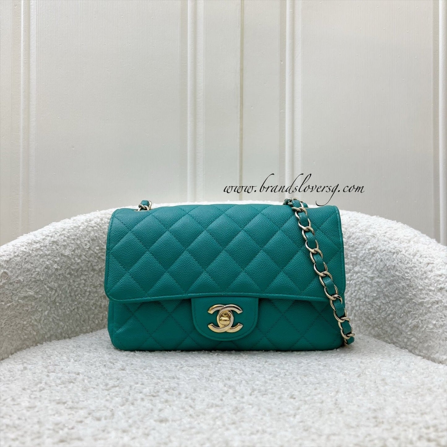 Chanel Classic Mini Rectangle Flap in Turquoise Caviar and LGHW Accessory