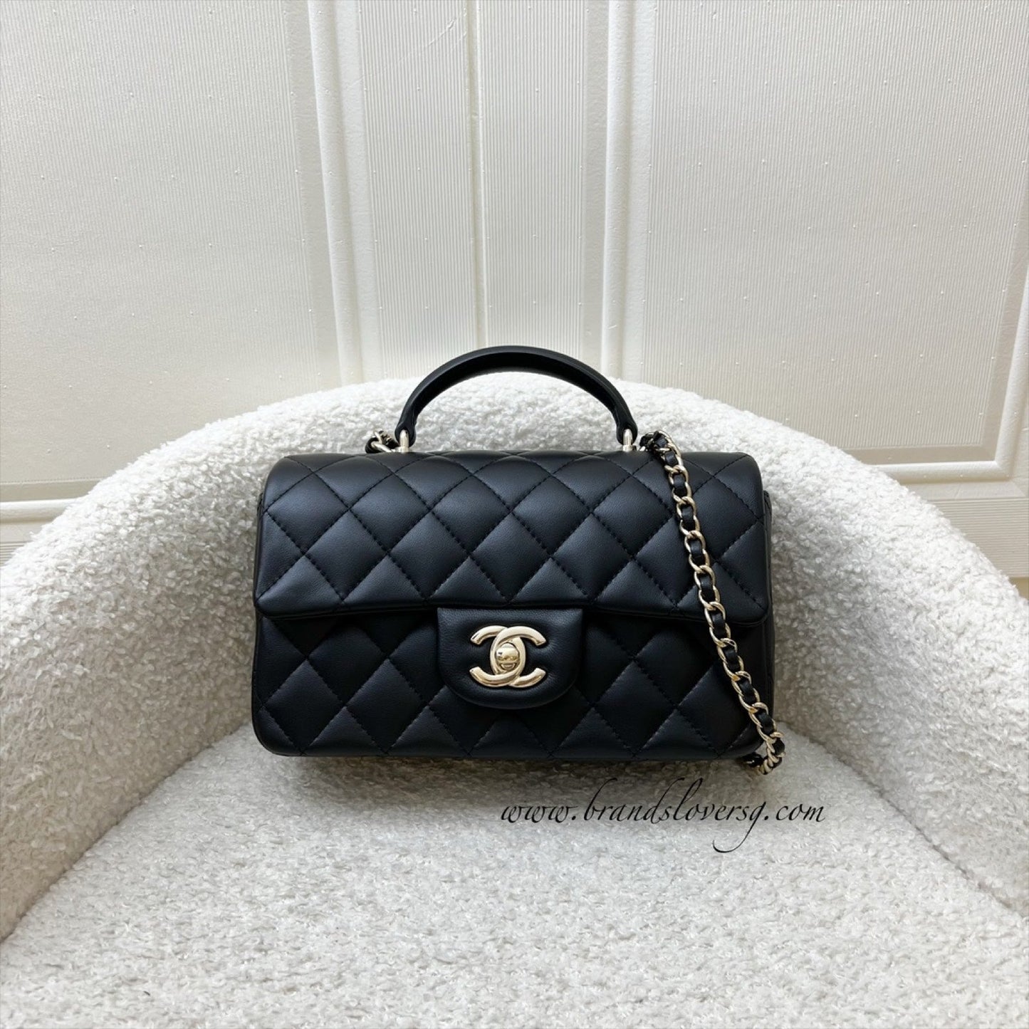 Chanel Classic Top Handle Mini Rectangle Flap in Black Lambskin and LGHW (Model: ) Bag