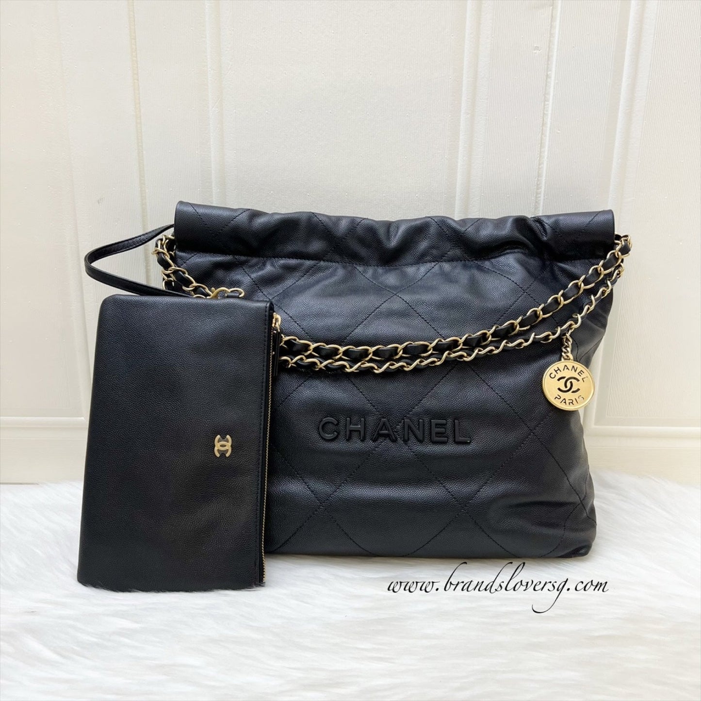 Chanel 22 Small Hobo Handbag in Black Shiny Caviar and AGHW (Model: )