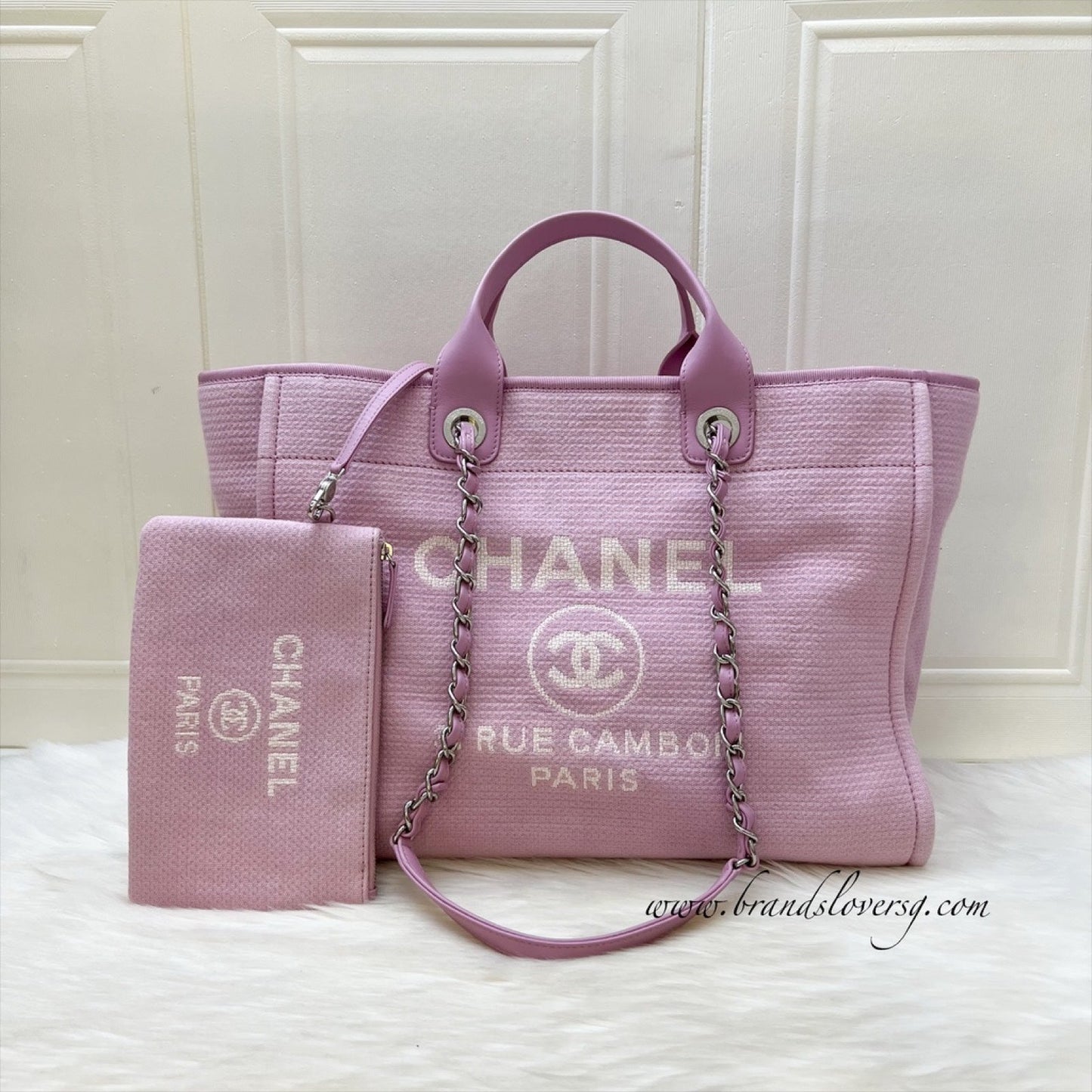 Chanel Medium / Large Deauville Tote in Pink Fabric LGHW