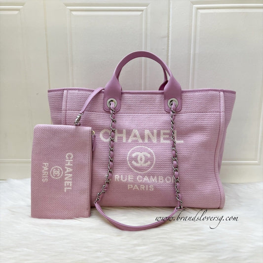 Chanel Medium / Large Deauville Tote in Pink Fabric LGHW