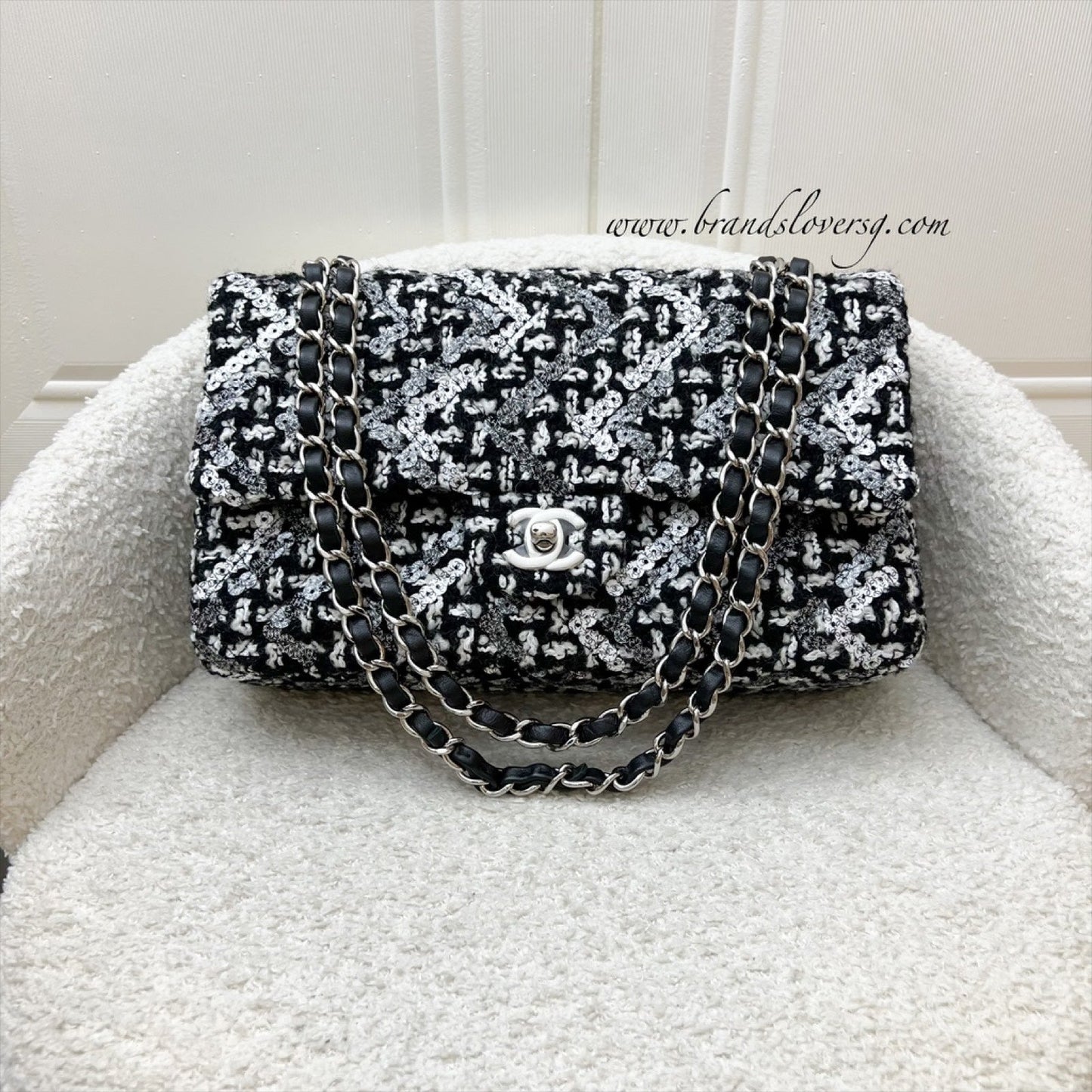 Chanel Medium Classic Flap CF in Tweed, Black and White Sequins and SHW Accessory