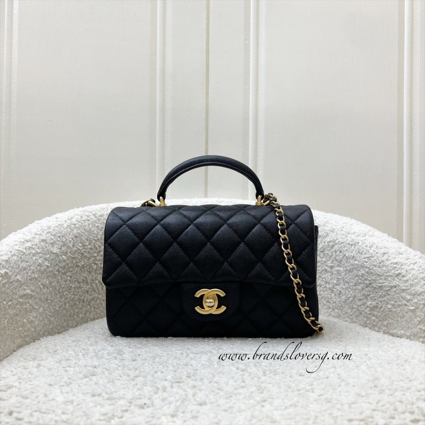 Top Handle Mini Rectangle Flap in Black Caviar and AGHW Bag Signature