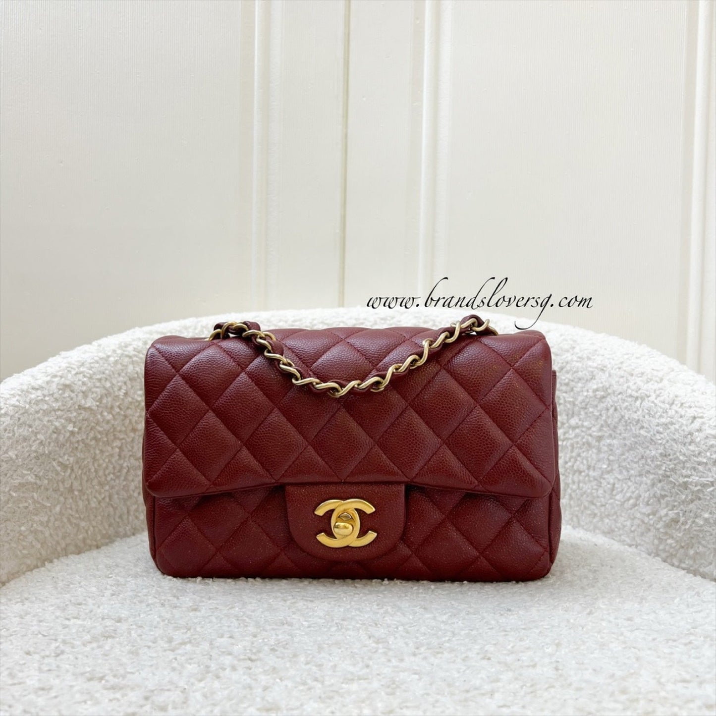 Chanel Classic Mini Rectangle Flap in Iridescent Burgundy Red Caviar and AGHW Accessory