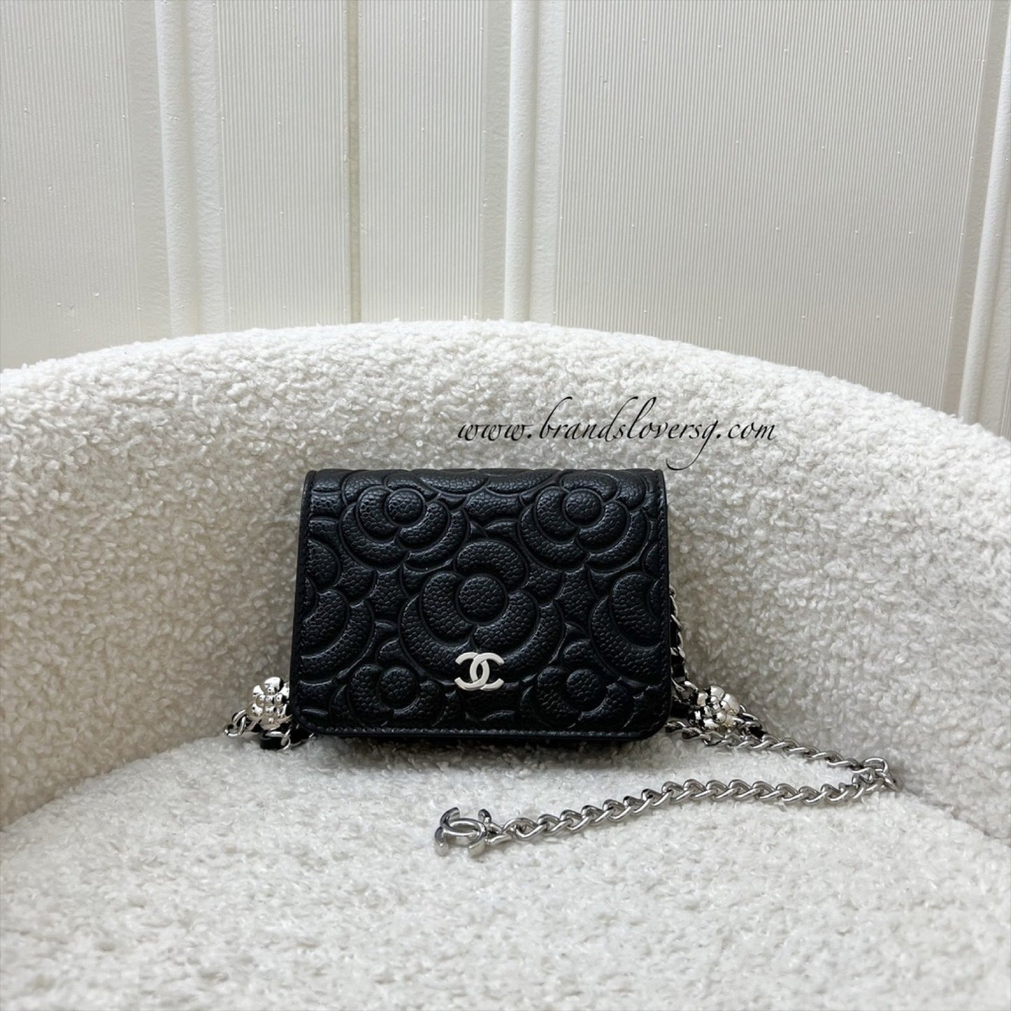 Chanel Camellia Micro Flap / Clutch on Chain Belt Bag in Black Caviar and SHW