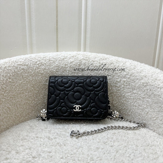 Chanel Camellia Micro Flap / Clutch on Chain Belt Bag in Black Caviar and SHW
