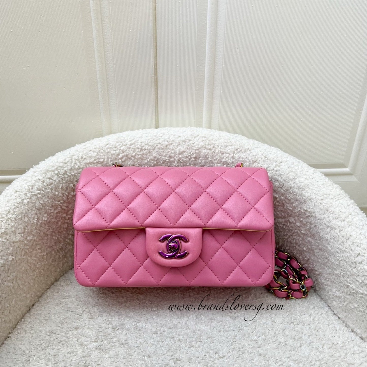 Chanel Classic Mini Rectangle Flap in Pink / Yellow Lambskin and Rainbow HW Accessory