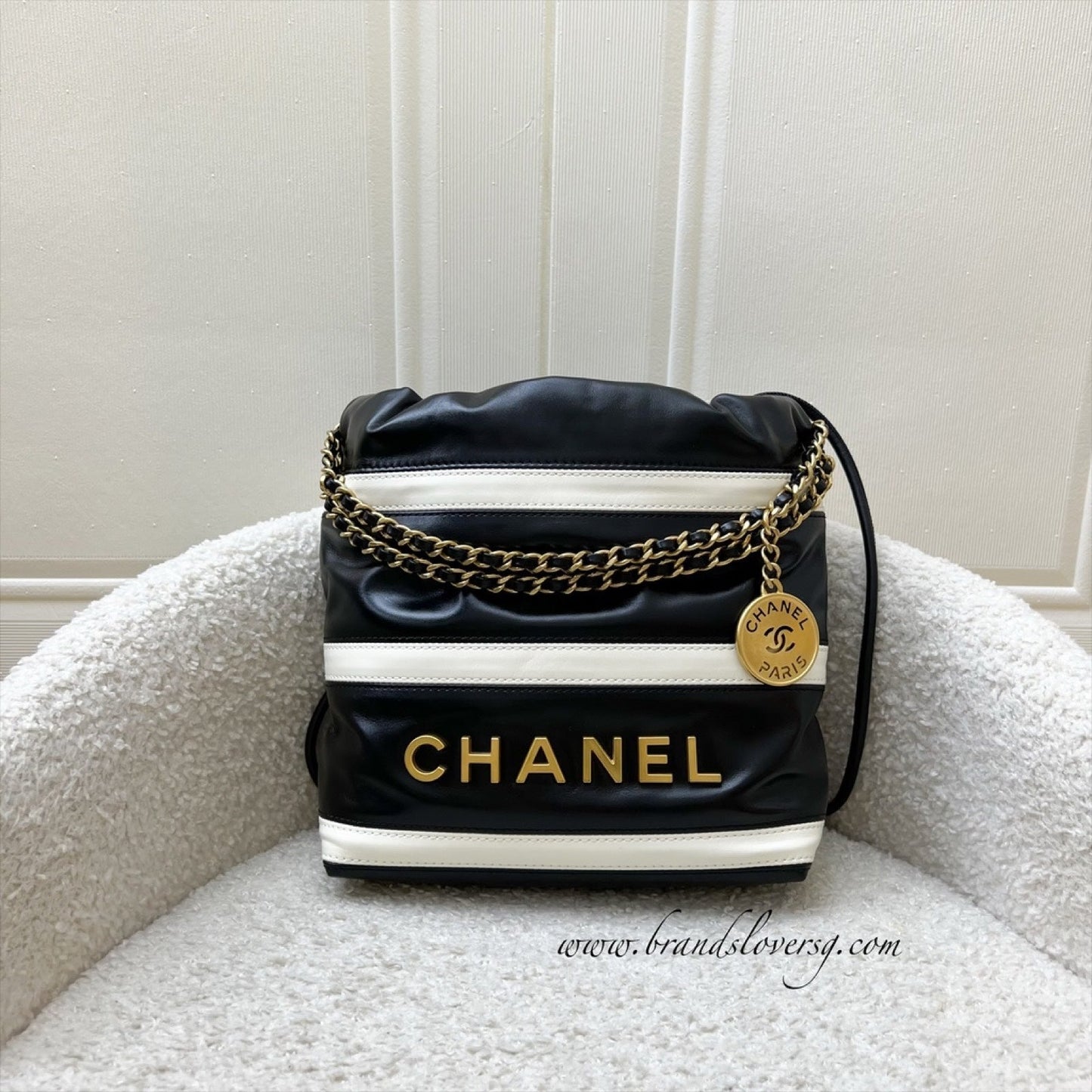 Chanel 22 Mini Hobo Handbag in Striped Black and White Shiny Calfskin and AGHW (Detachable Strap)