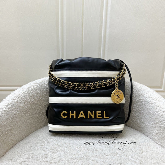 Chanel 22 Mini Hobo Handbag in Striped Black and White Shiny Calfskin and AGHW (Detachable Strap)