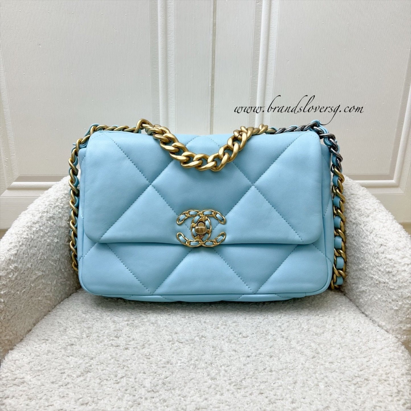 Chanel 19 Small Flap in Sky Blue Lambskin and 3-Tone Hardware (Model: ) Accessory
