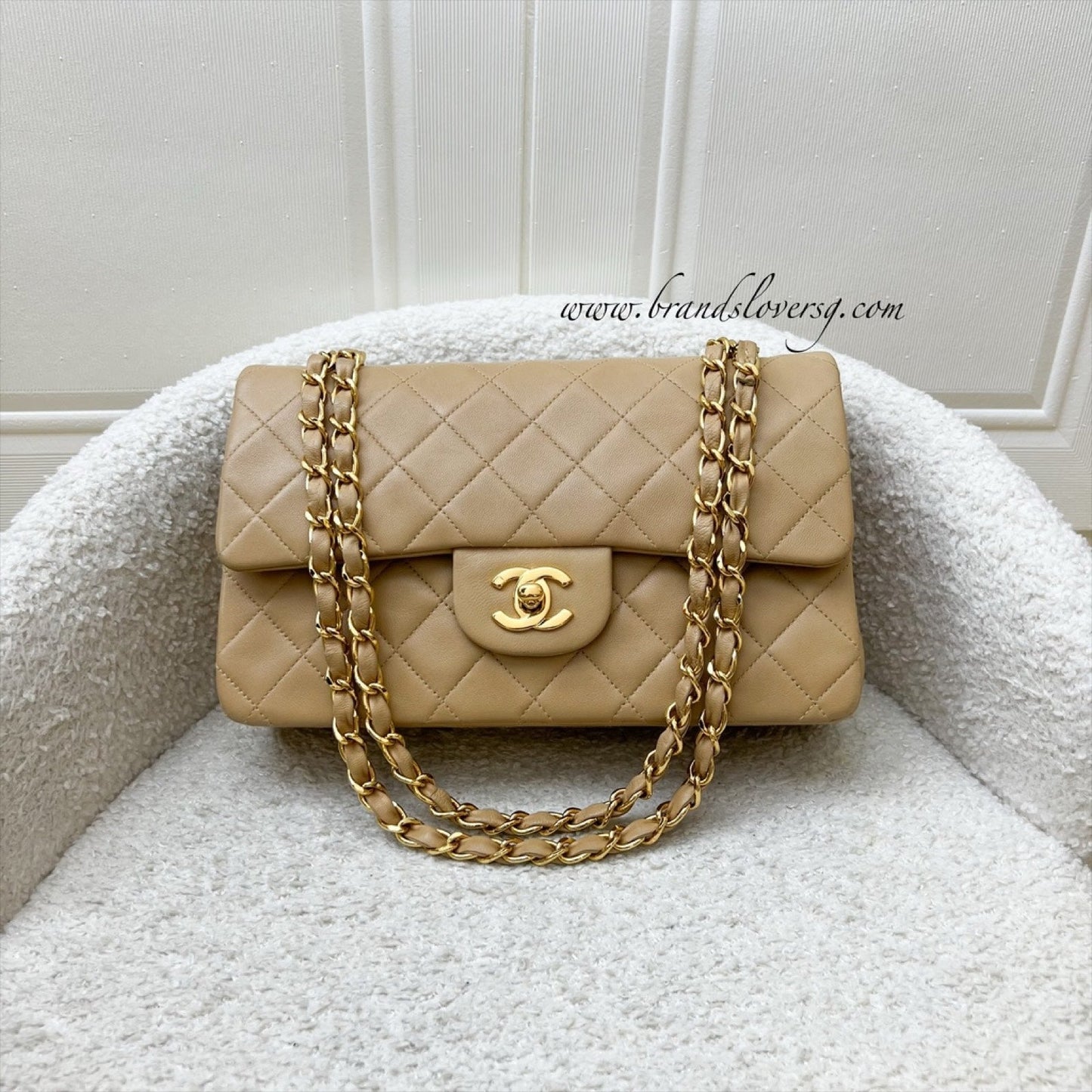 Chanel Small Classic Flap CF in Milk Tea Beige Lambskin and Gold Plated HW Accessory