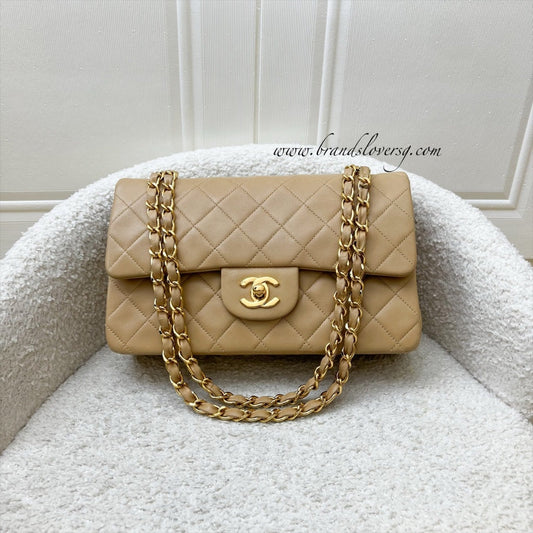 Chanel Small Classic Flap CF in Milk Tea Beige Lambskin and Gold Plated HW Accessory