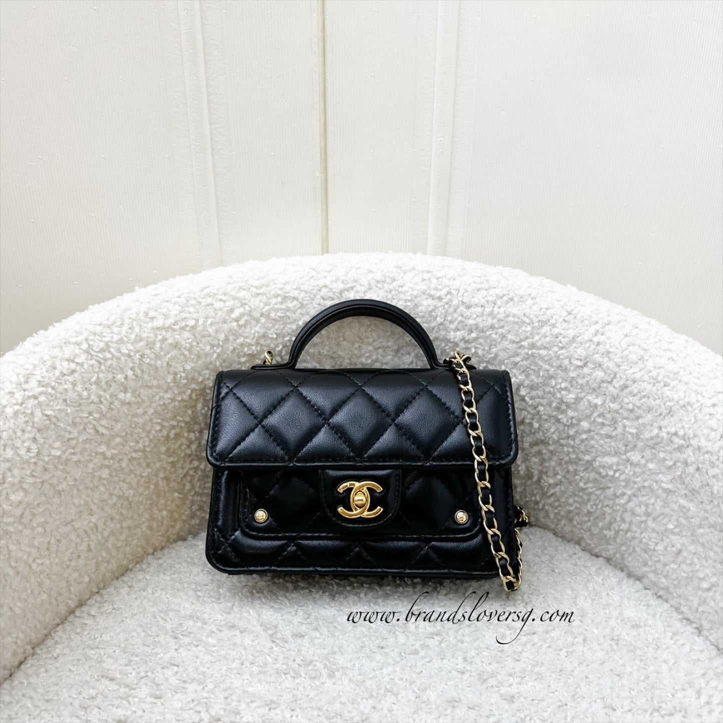 Chanel Mini Clutch on Chain with Top Handle in Black Shiny Lambskin and AGHW