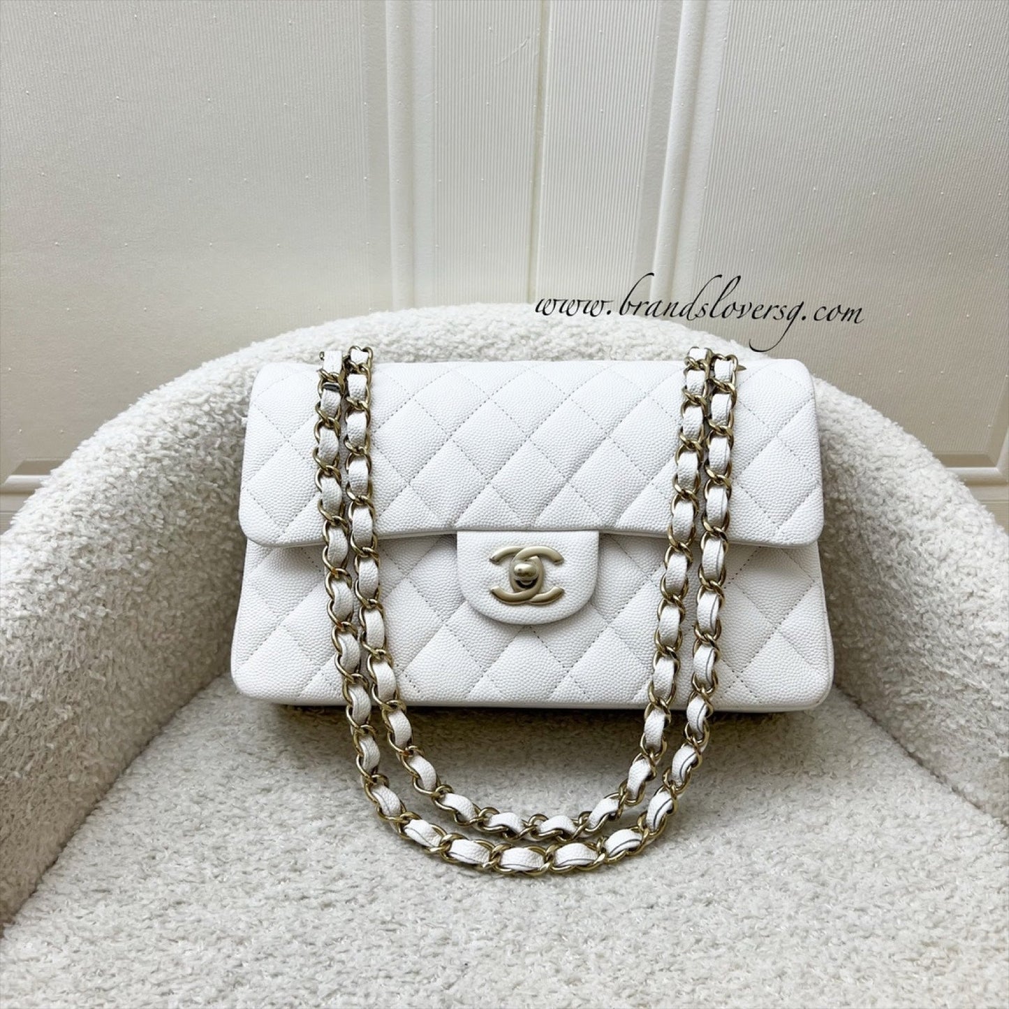 Small Classic Flap CF in White Caviar and LGHW Accessory Light Gold