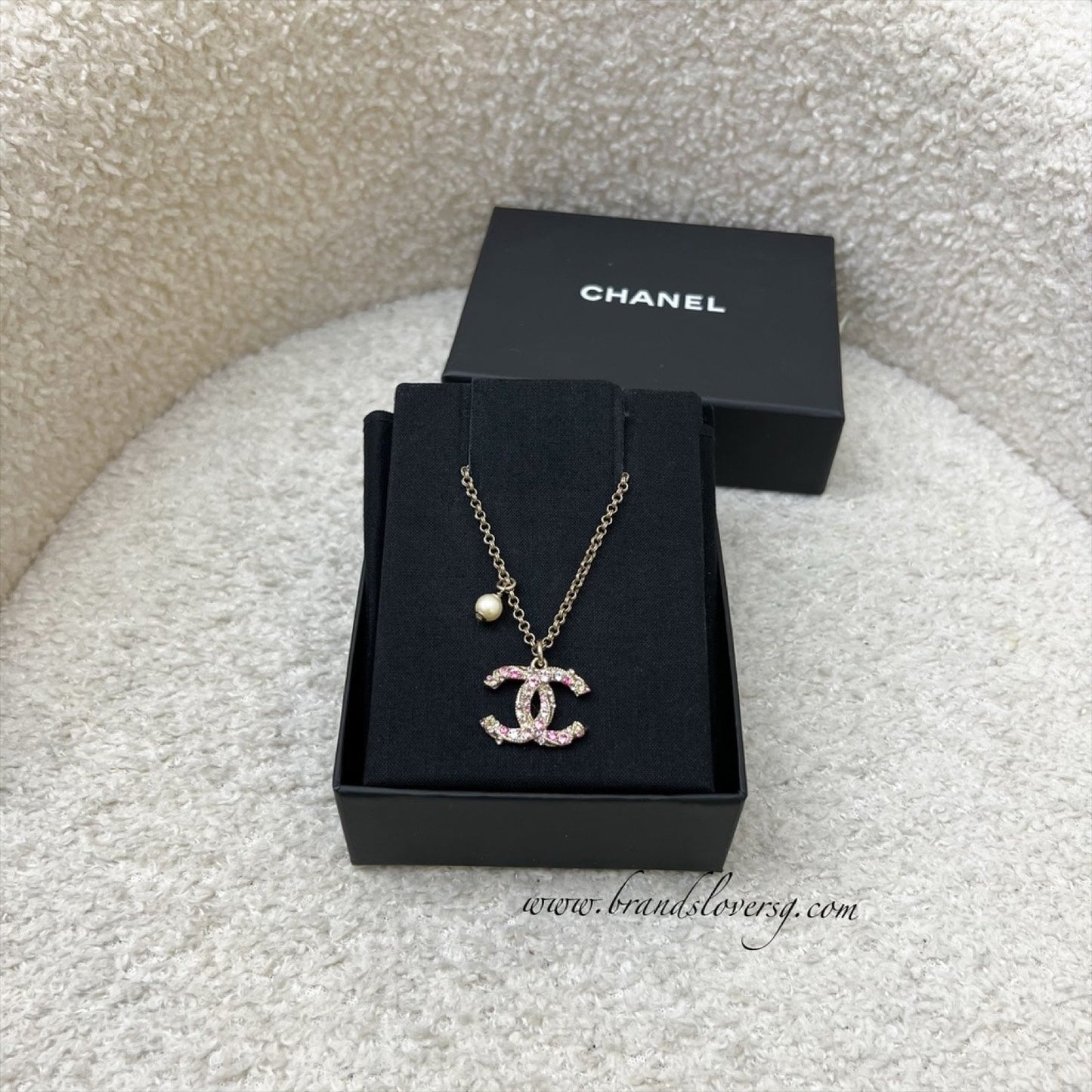 Chanel CC Logo Necklace with Pink and White Crystals in AGHW