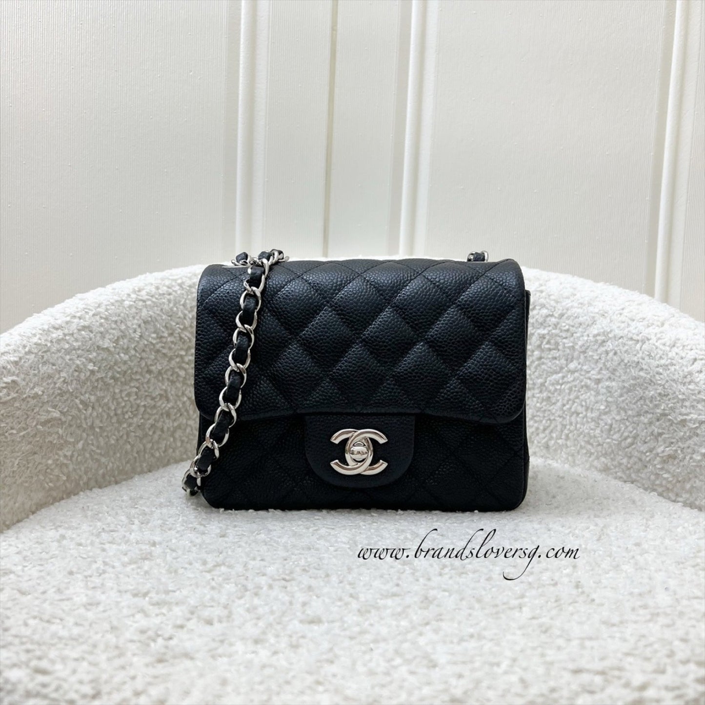 Chanel Classic Square Mini Flap in Black Caviar and SHW Accessory