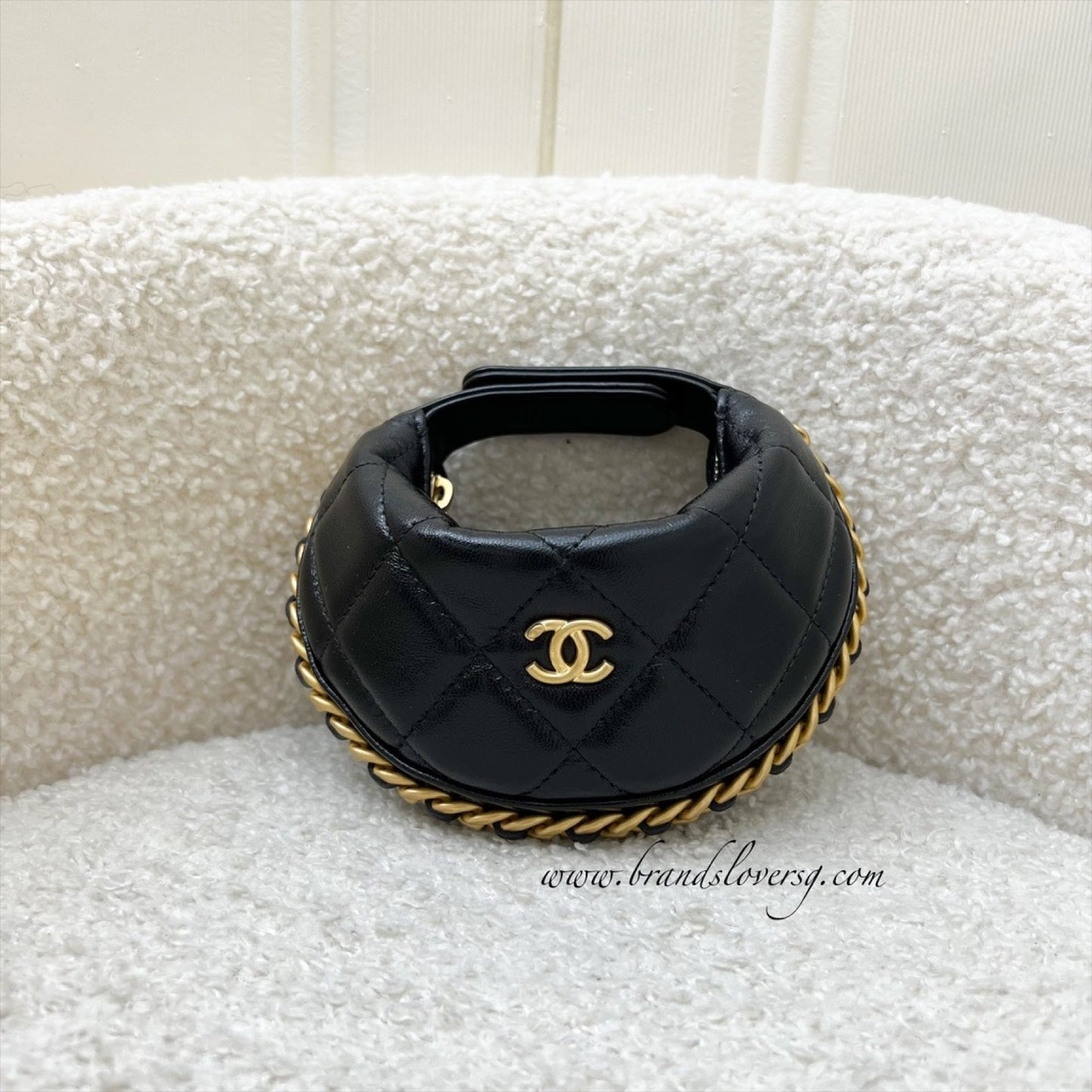 Chanel Fortune Cookie Mini Pouch / Bag Charm in Black Shiny Crumpled Lambskin and AGHW