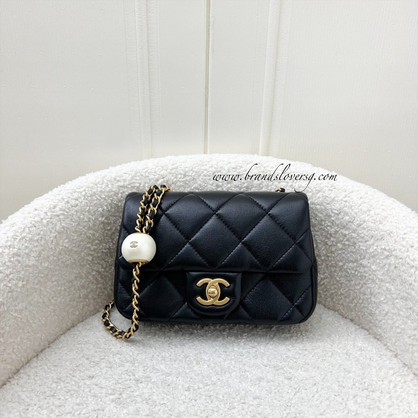 Chanel Adjustable Pearls Chain Mini Flap in Black Lambskin and AGHW Bag