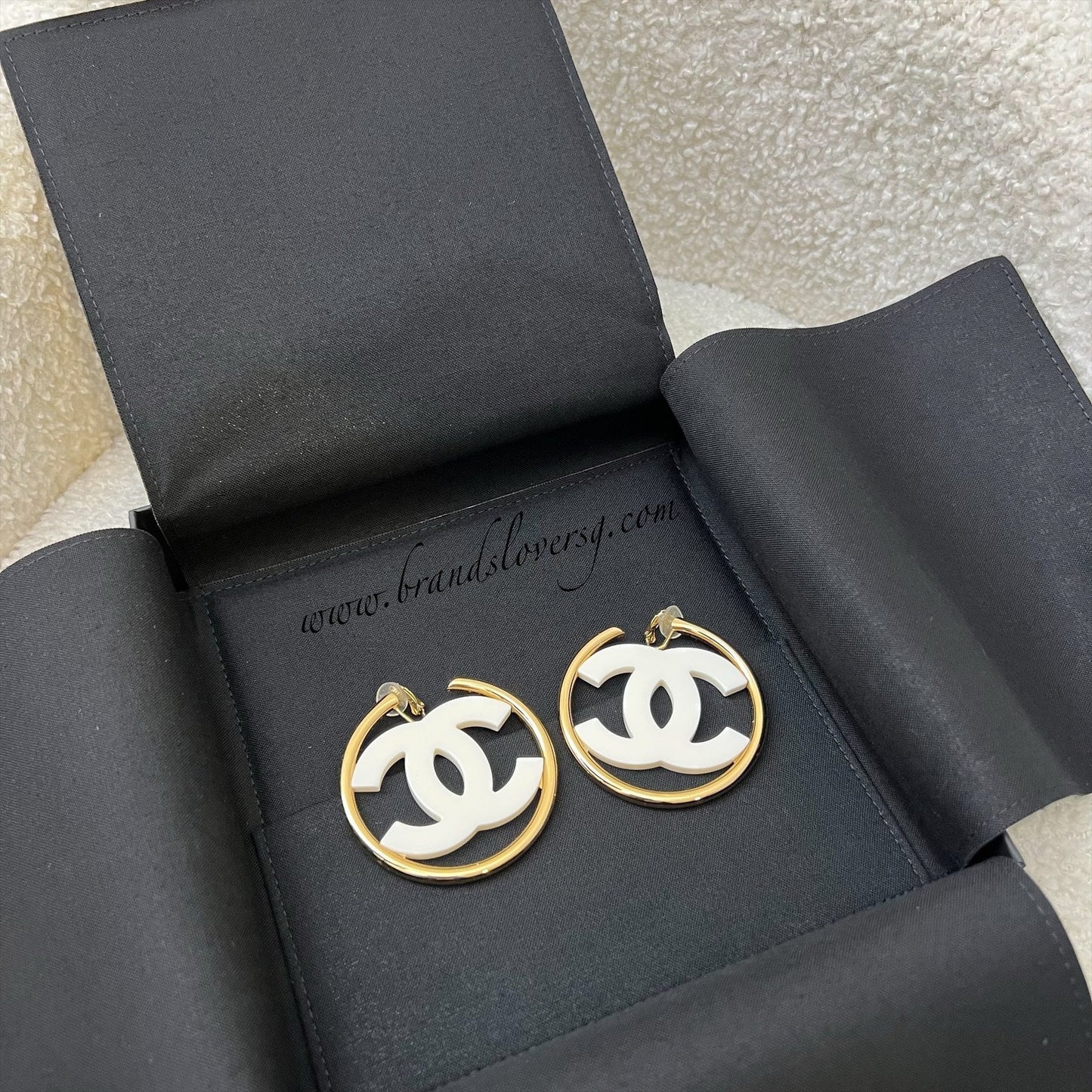 Chanel Large CC Logo Hoop Clip-on Earrings with White Enamel in GHW Jewelry