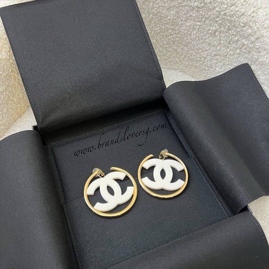 Chanel Large CC Logo Hoop Clip-on Earrings with White Enamel in GHW Jewelry