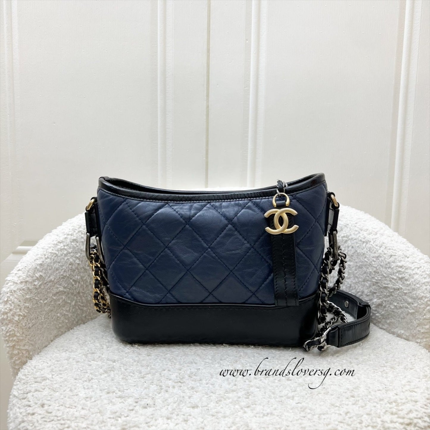 Chanel Small Gabrielle Hobo in Navy Distressed Calfskin, Black Base and 3 Tone HW (Model: )