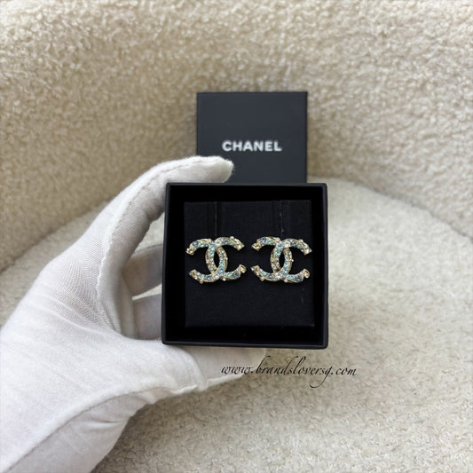 Chanel CC Logo Earrings with Blue Crystals in GHW Jewelry