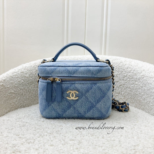 Chanel Cheer for Vanity Case with Top Handle in Light Blue Denim Fabric and LGHW (Model: )
