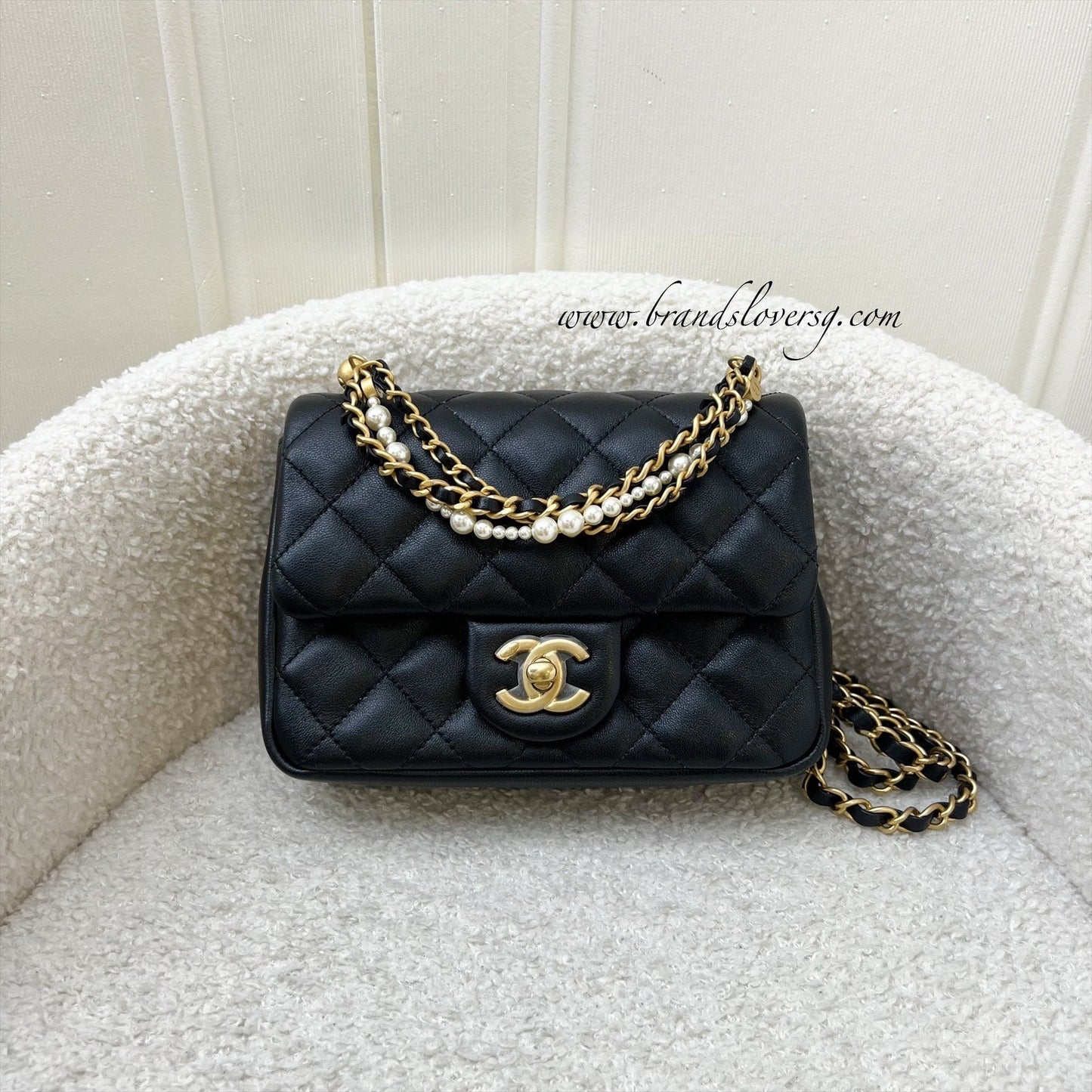 Chanel Pearl Twist Chain Square Mini Flap Bag in Black Lambskin and AGHW (Model: )