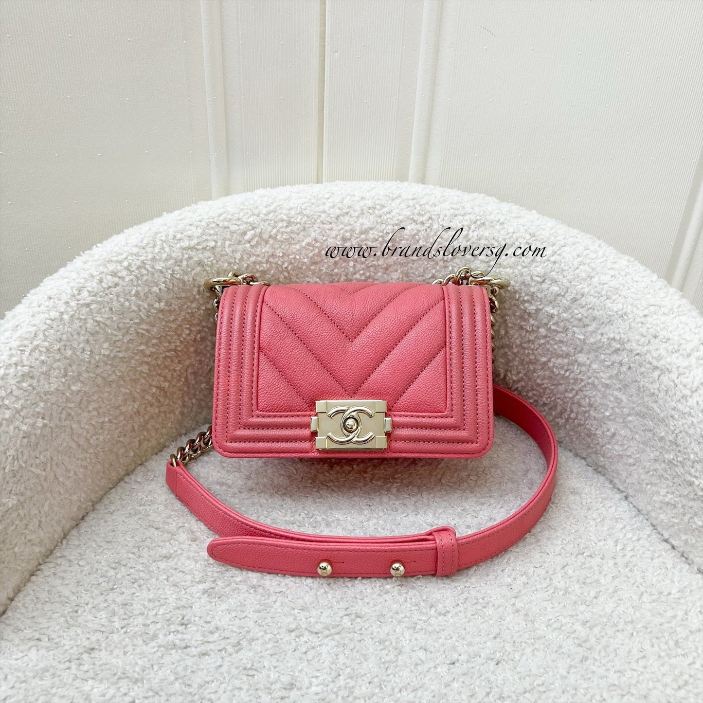 Chanel Micro Boy in Chevron Coral Pink Caviar and Shiny GHW (Model: ) Accessory