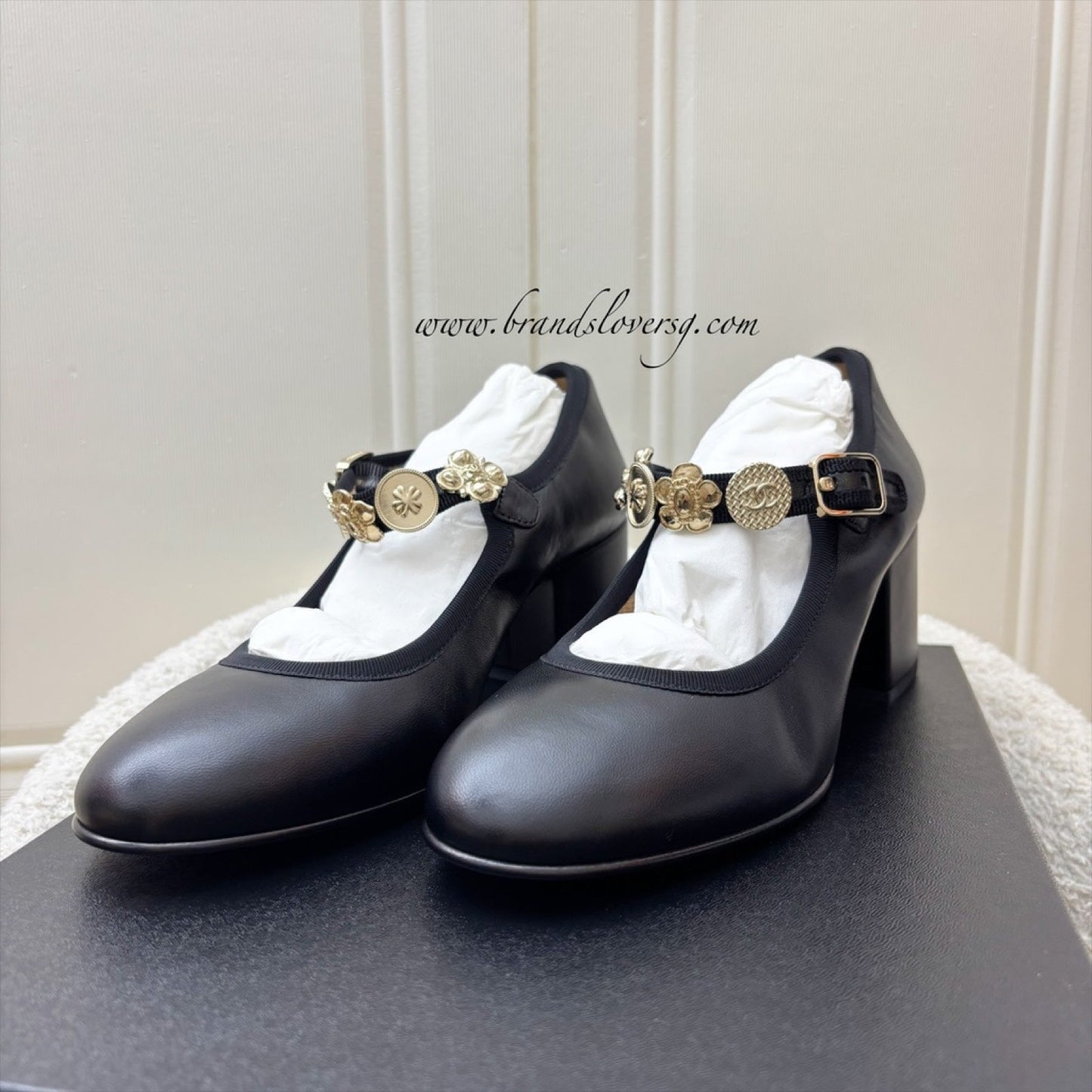 Chanel Mary Janes with Gold Charms and Buckle in Black Lambskin and AGHW Sz 37.5 Accessory