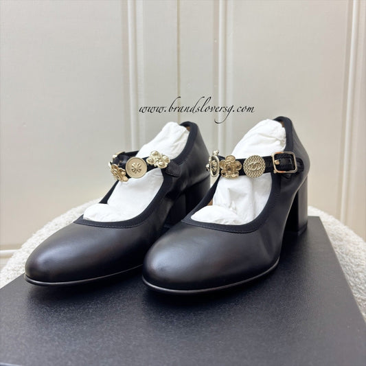 Chanel Mary Janes with Gold Charms and Buckle in Black Lambskin and AGHW Sz 37.5 Accessory
