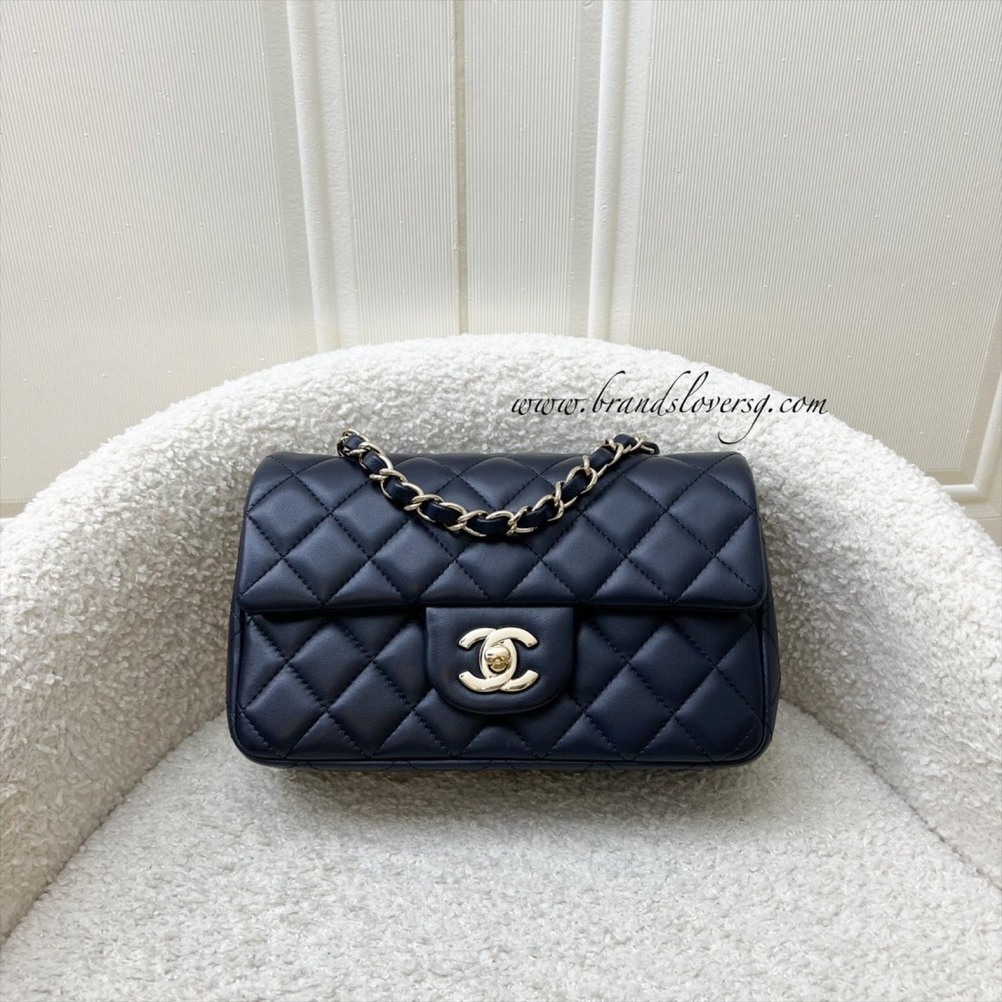 Chanel Classic Mini Rectangular Flap in Navy Lambskin and LGHW Accessory