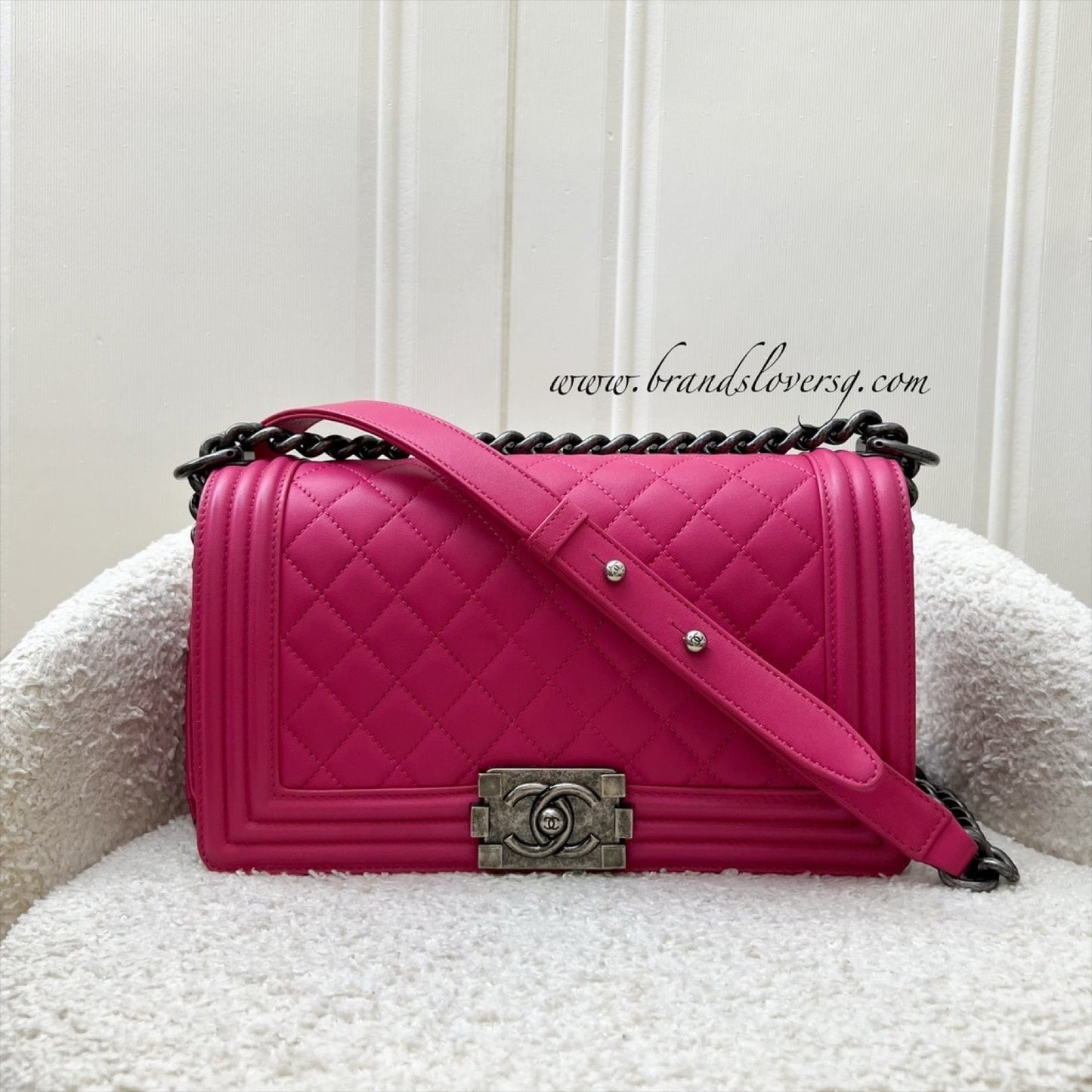 Chanel Medium Boy Flap in Hot Pink Lambskin and RHW Accessory