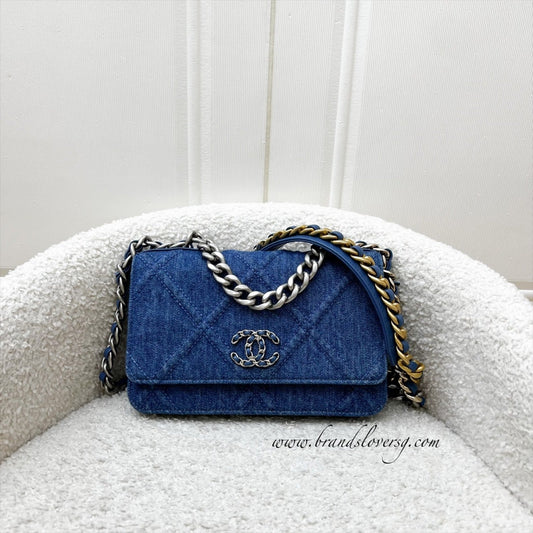 Chanel 19 Wallet on Chain WOC in Dark Blue Denim and SHW Bag
