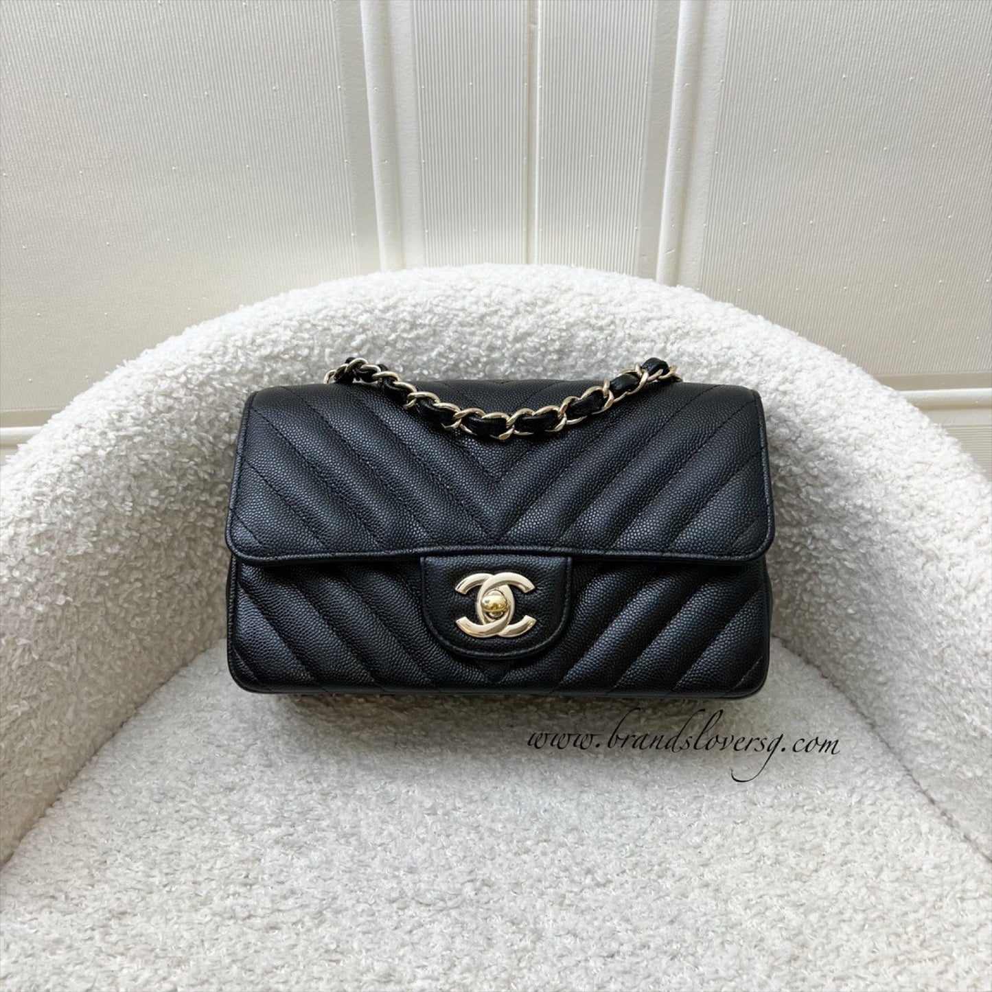 Chanel Classic Mini Rectangle Flap in Chevron Quilted Black Caviar and LGHW Accessory
