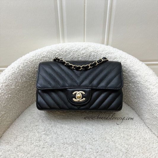 Chanel Classic Mini Rectangle Flap in Chevron Quilted Black Caviar and LGHW Accessory