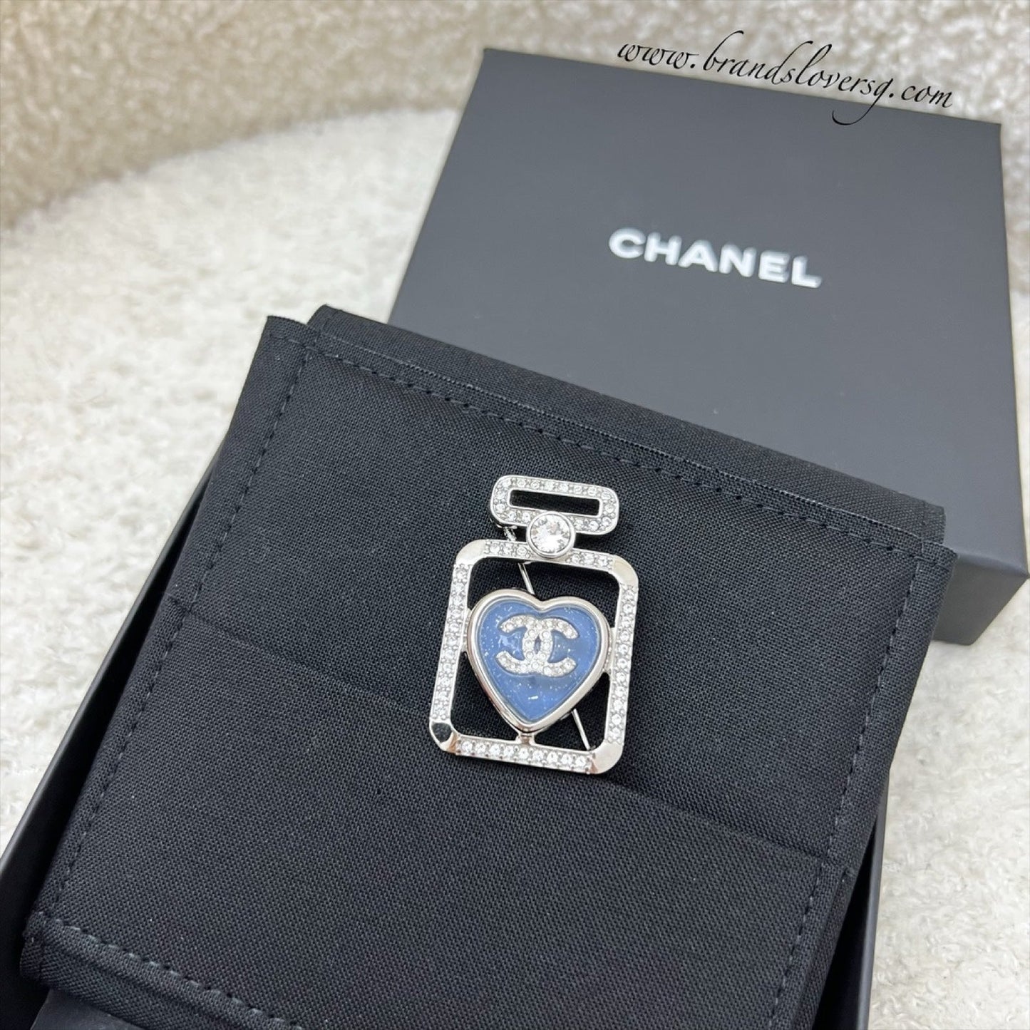 Chanel Perfume Bottle Brooch with Denim Detail and Crystals in SHW