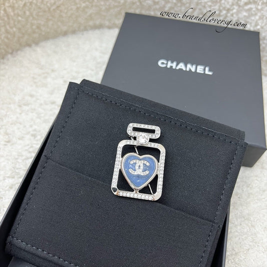 Chanel Perfume Bottle Brooch with Denim Detail and Crystals in SHW