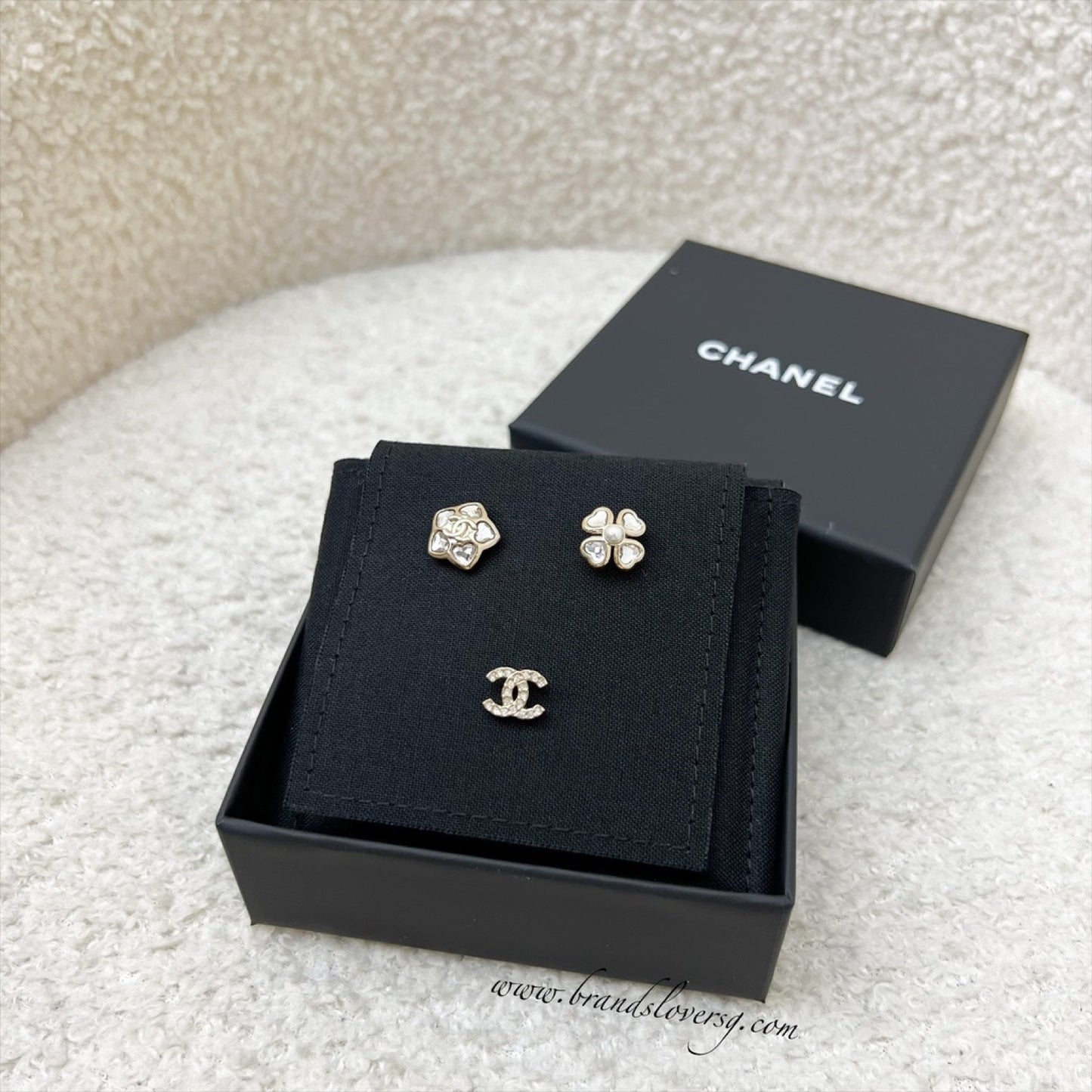 Chanel Stud Earrings in Metal, Glass Pearls and Diamantés Gold, Pearly White and Crystal (Model: ) Jewelry