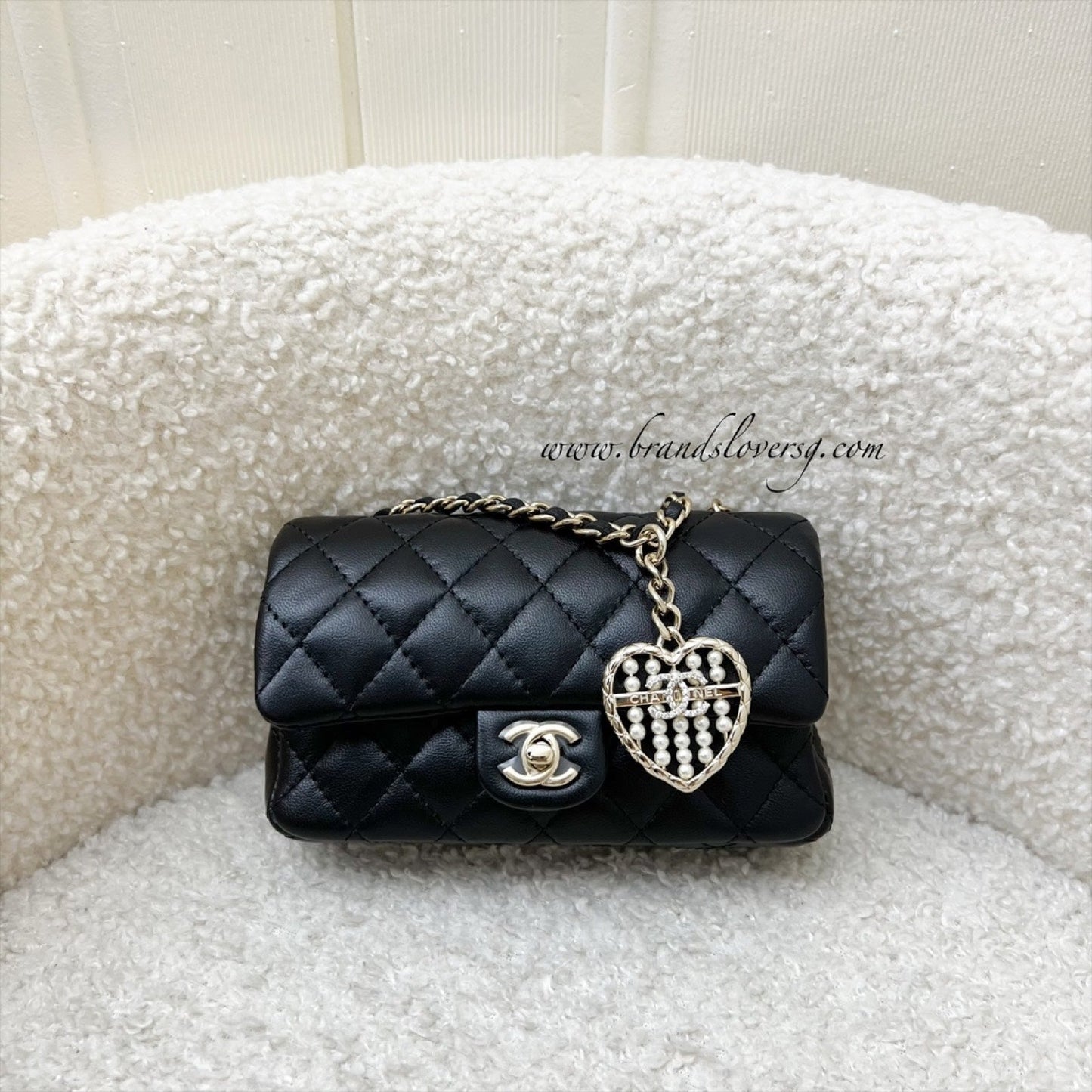 Chanel Classic Mini Bag with Hook Bag Charm with Pearls and Crystals in Black Lambskin and LGHW (Model: )