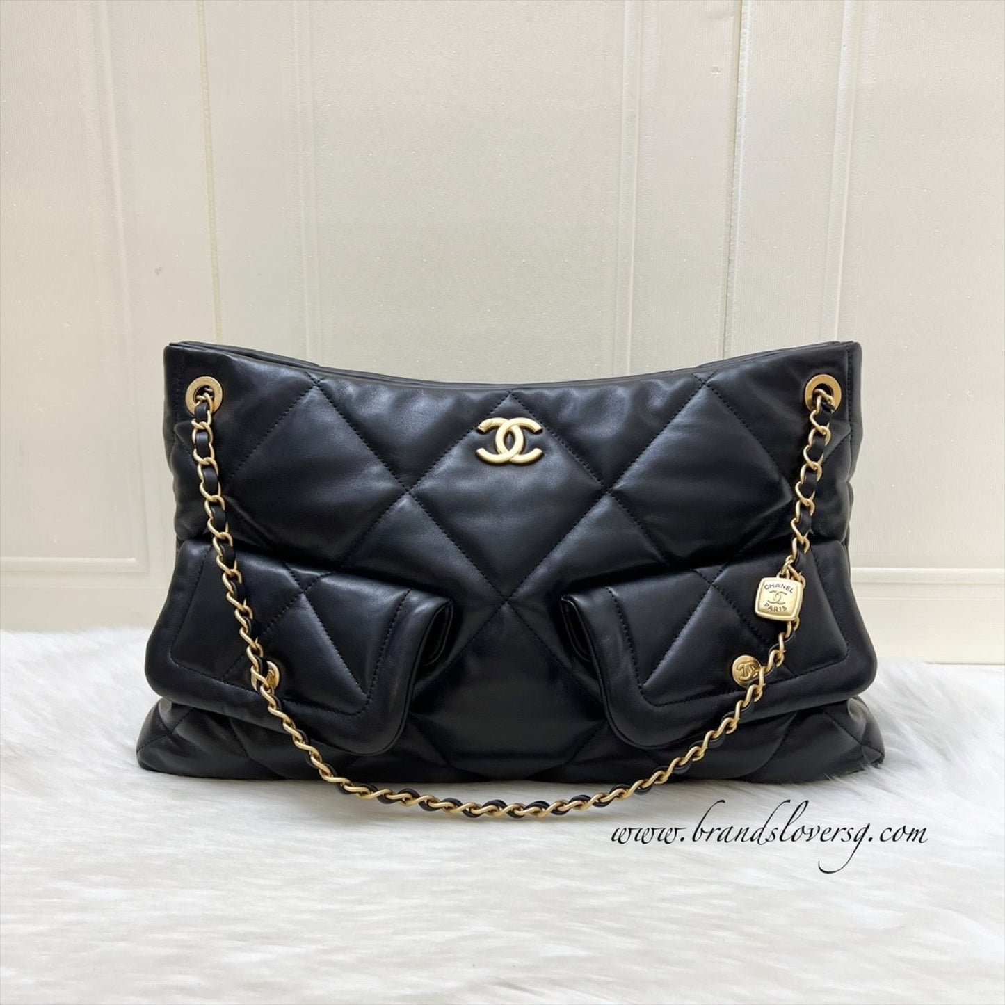 Chanel [Brand New - Oct 2025] Shoulder Shopping Bag in Black Lambskin and AGHW