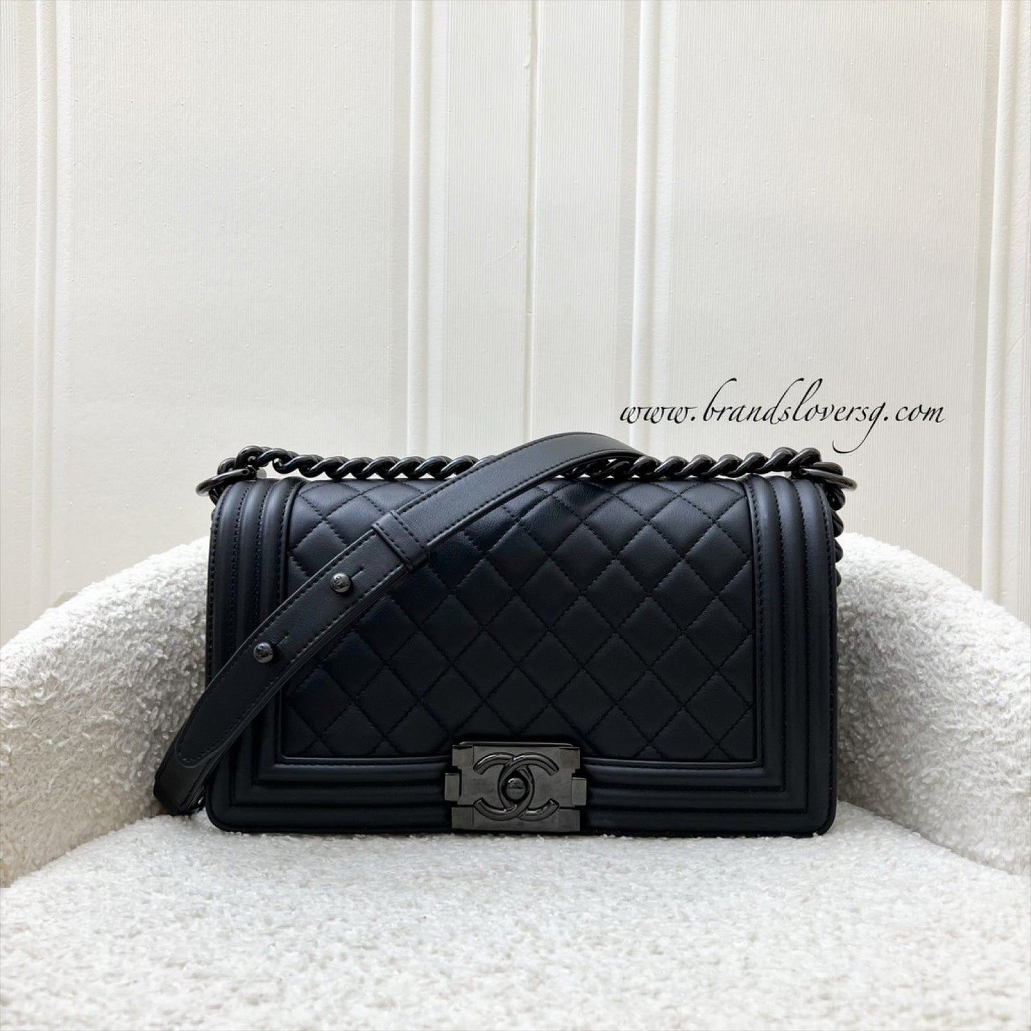 Chanel So Black Medium Boy Flap in Black Calfskin and Black HW (Model: ) Accessory