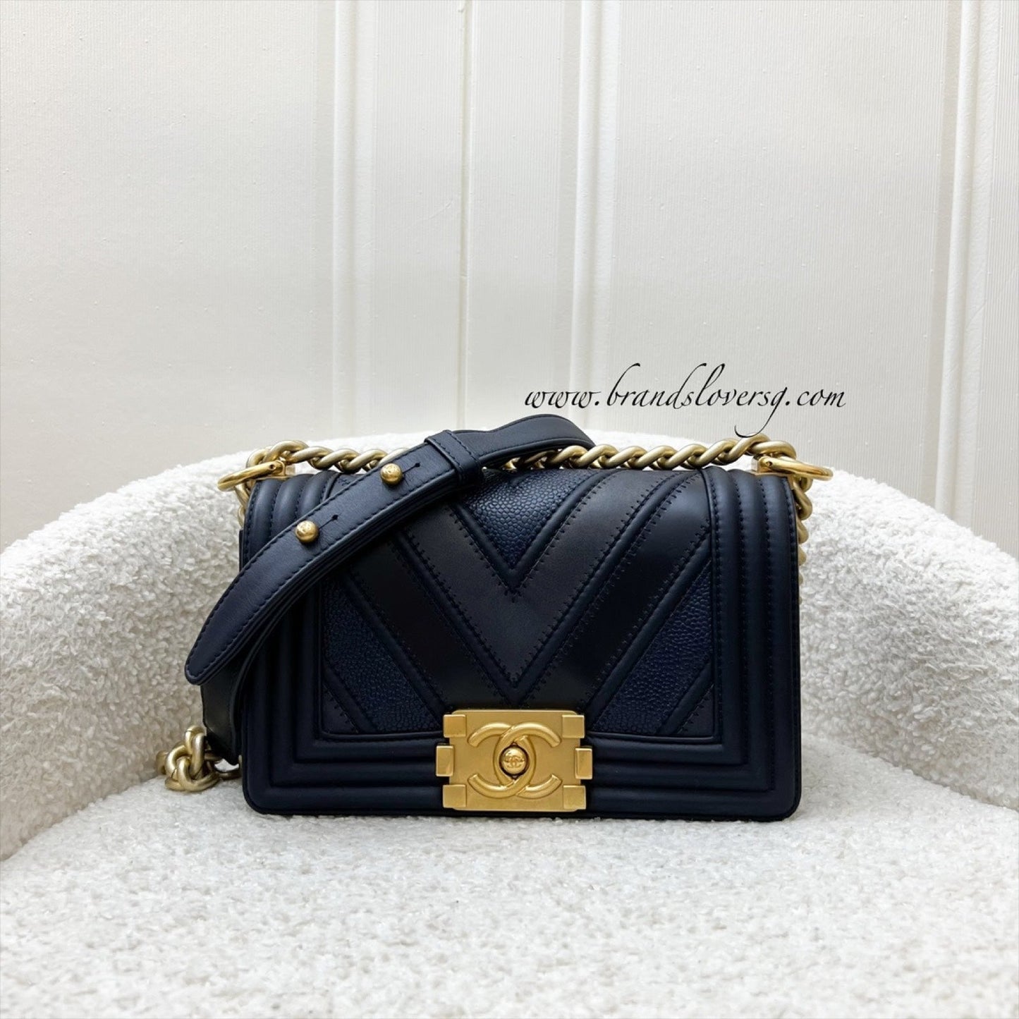 Chanel Seasonal Small Boy Flap in Navy Calfskin / Suede and AGHW (Model: ) Accessory