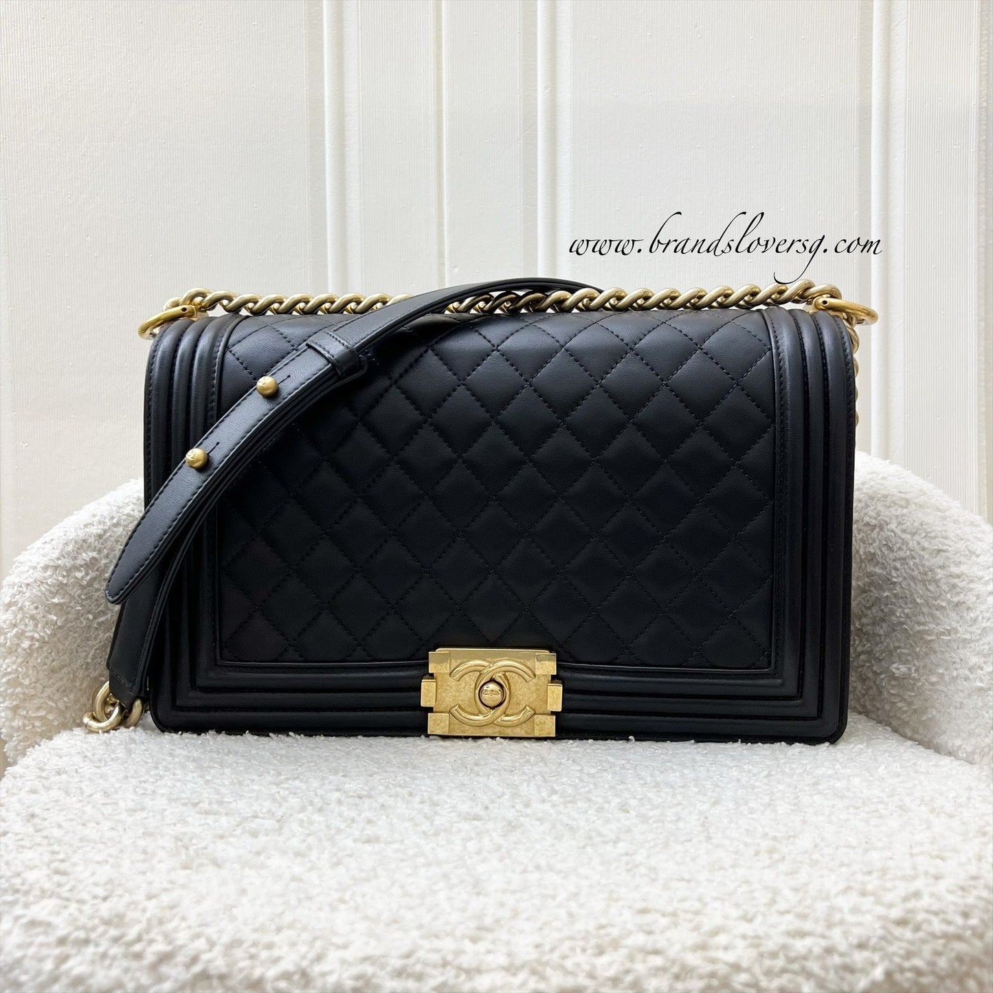Chanel New Medium / Large Boy Flap in Black Lambskin and AGHW Accessory