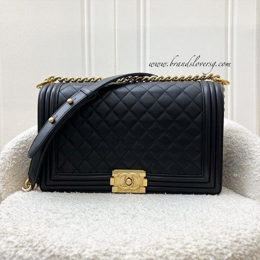 Chanel New Medium / Large Boy Flap in Black Lambskin and AGHW Accessory