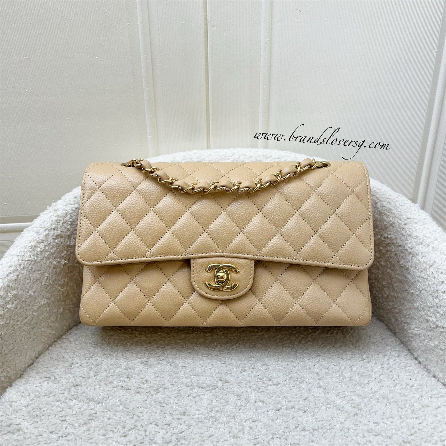 Chanel Medium Classic Flap CF in Beige Caviar and GHW (Model: ) Accessory